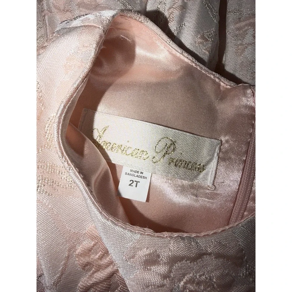 American Princess Toddler Dress, 2T, Pink Satin With White Lace Floral Overlay